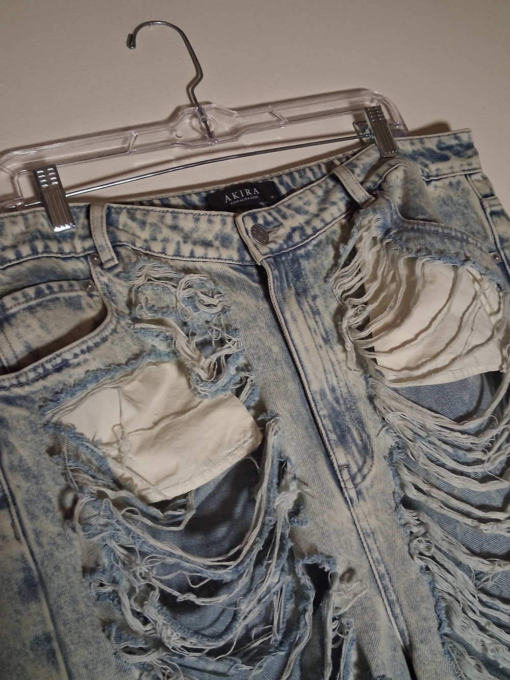 Akira Womens Acid Wash Heavily Distressed Shredded Wide Leg Jeans Light Blue 1X - Picture 12 of 16
